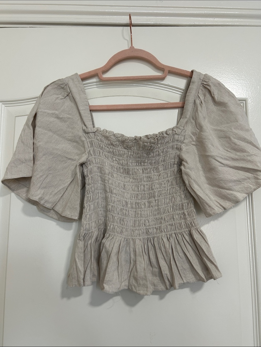 Smocked Peasant Blouse with Puff Sleeves - Neutral Beige